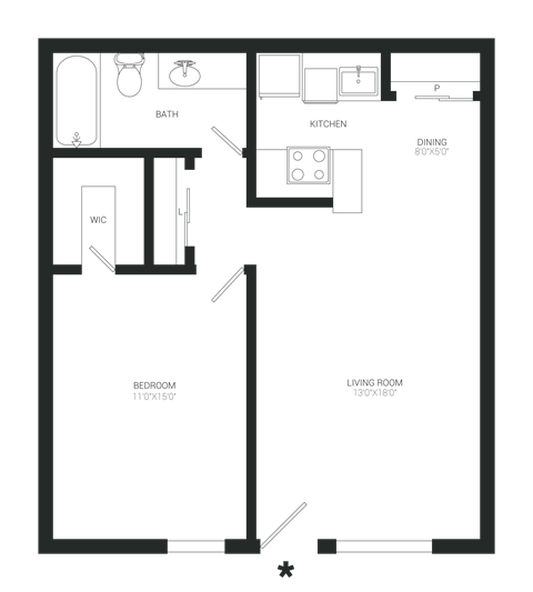 Floor plan for 1 bed, 1 bath, 650 sqft